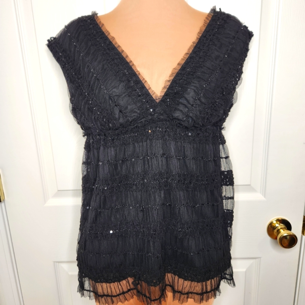 Max Studio Lace Rouched Sequin Sleeveless Top Blouse Size Medium